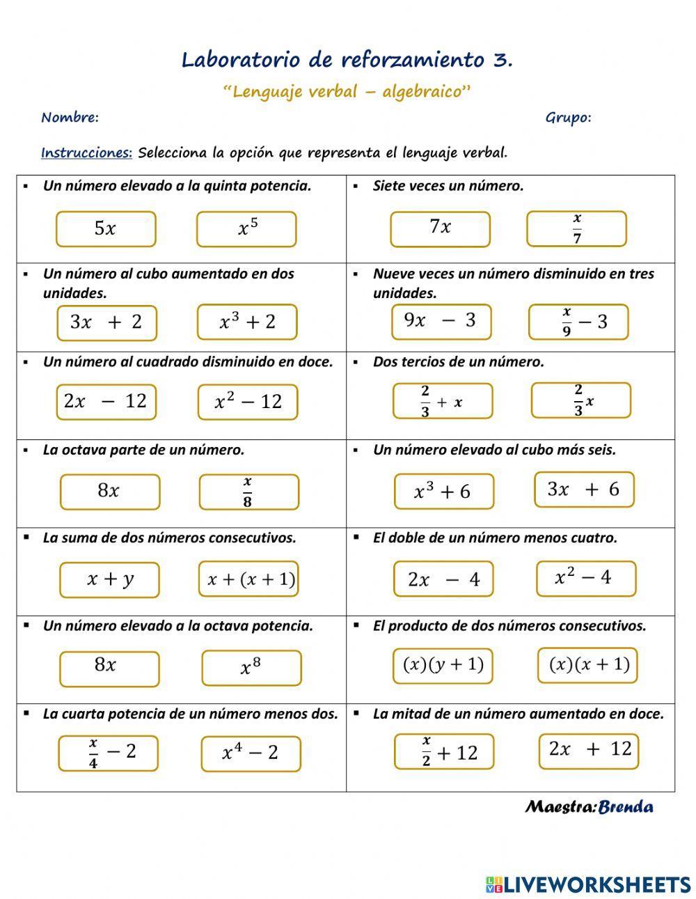 Laboratorio de reforzamiento -3 -Lenguaje verbal-algebraico-