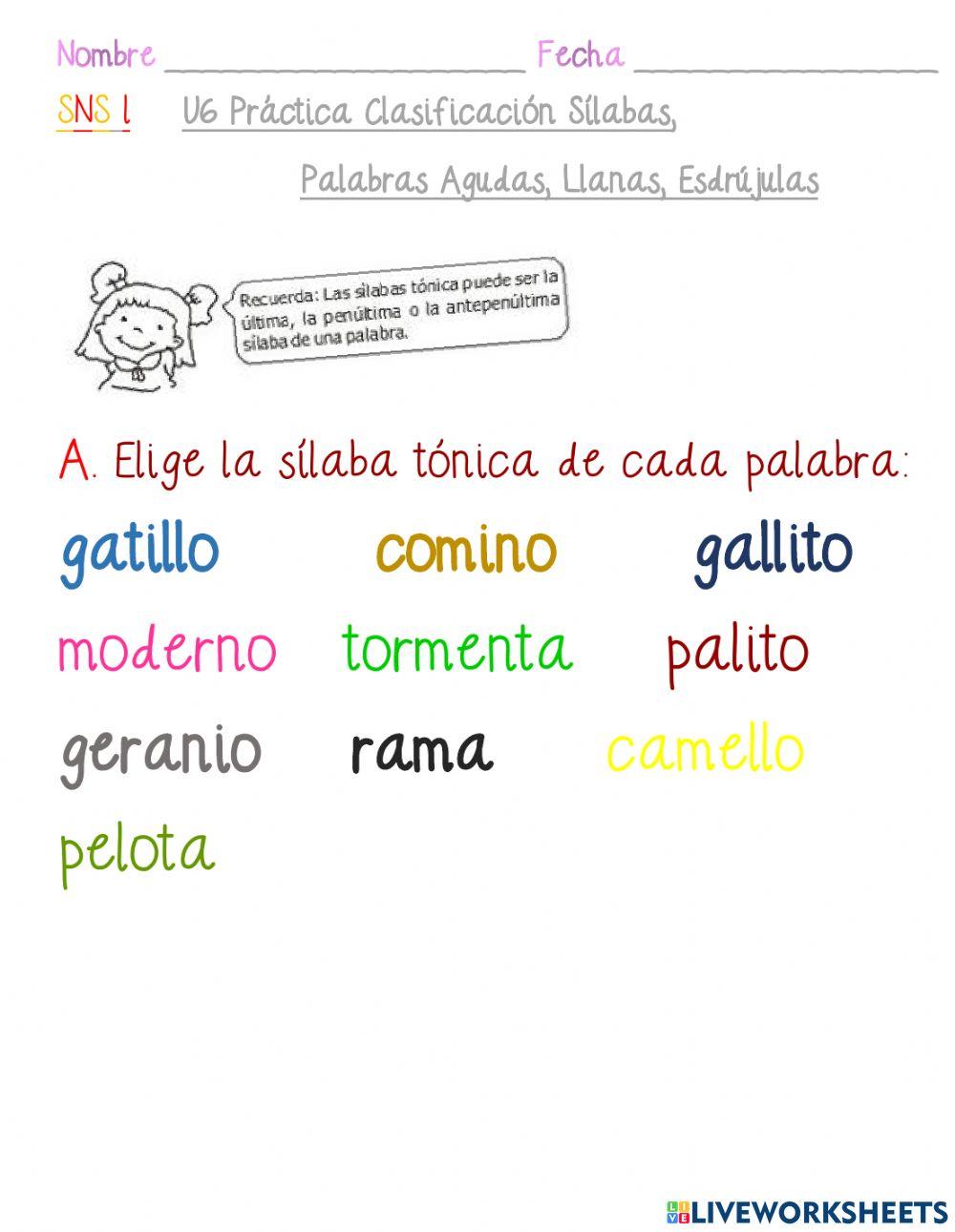 Clasificación de Sílabas - Palabras