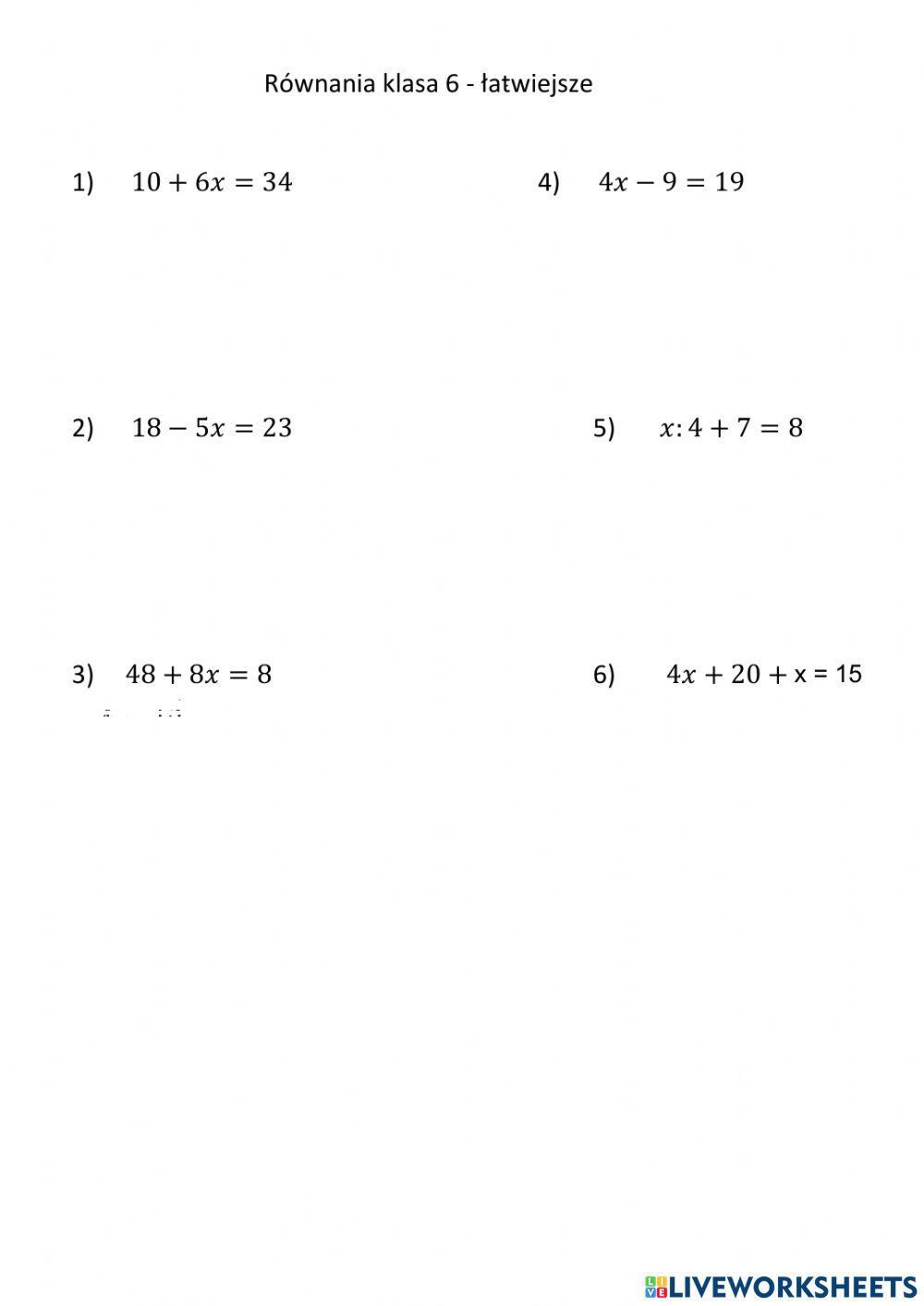 Rozwiazywanie rownan - proste worksheet | Live Worksheets