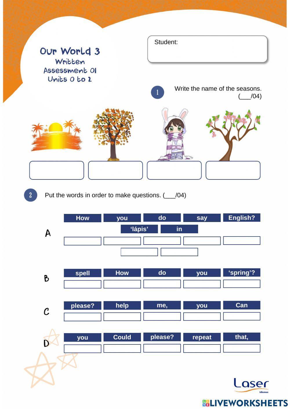 Our World 3 - Evaluation Exercises for Units 0 to 2