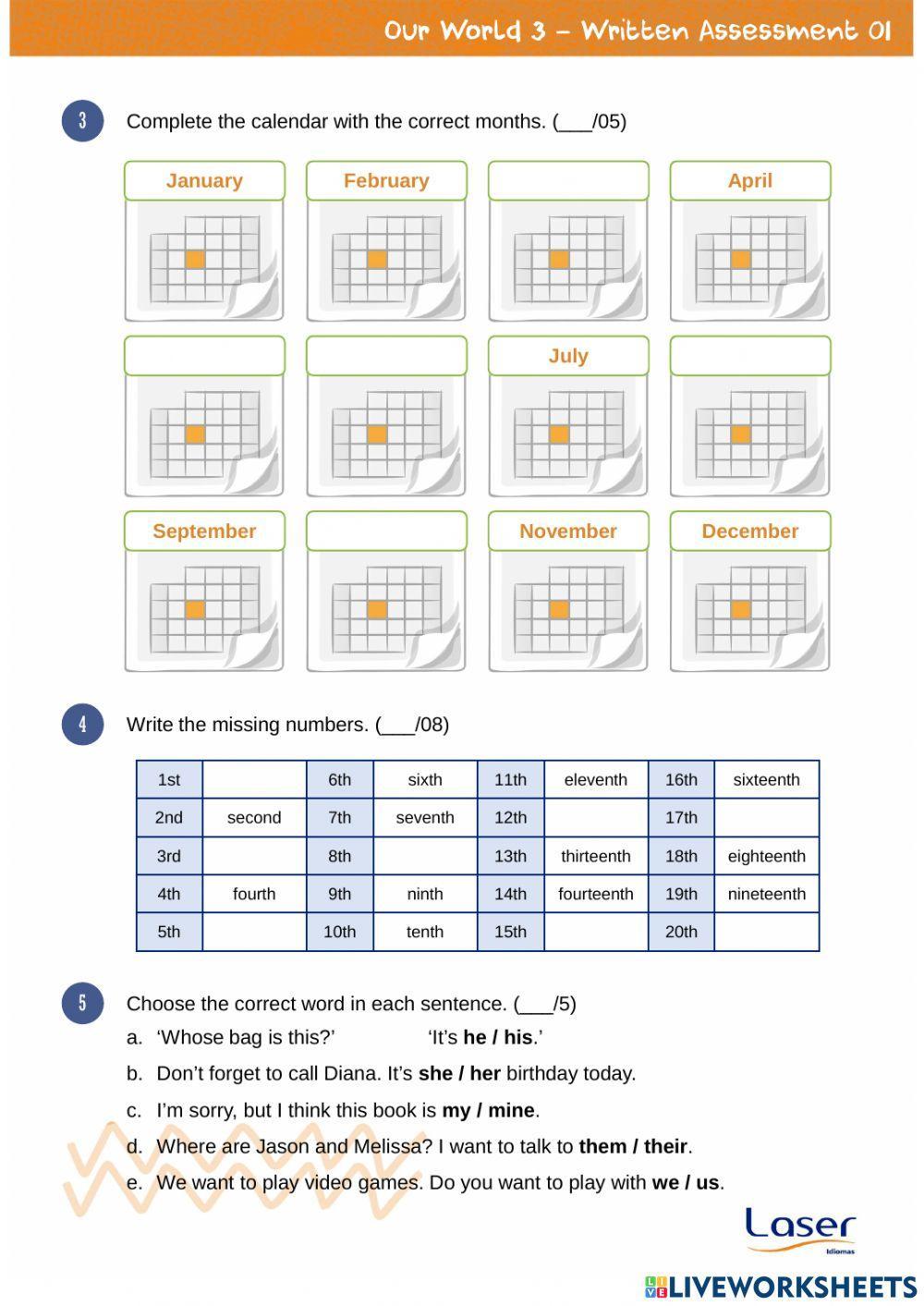 Our World 3 - Evaluation Exercises for Units 0 to 2