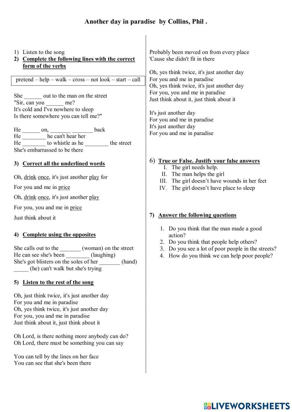 Another Day in Paradise worksheets