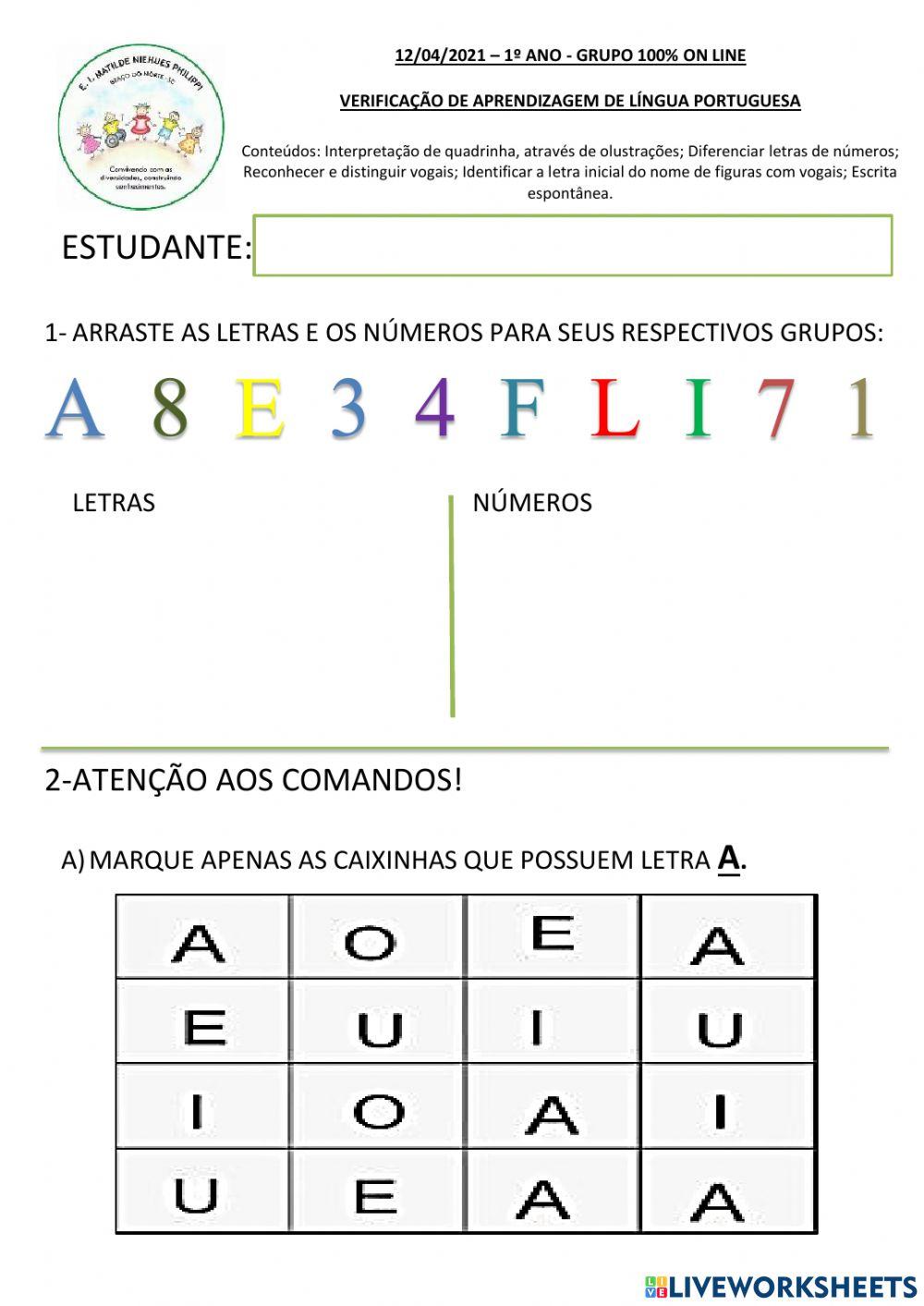 Verificação de Aprendizagem - Língua Portuguesa - 1º Bimestre