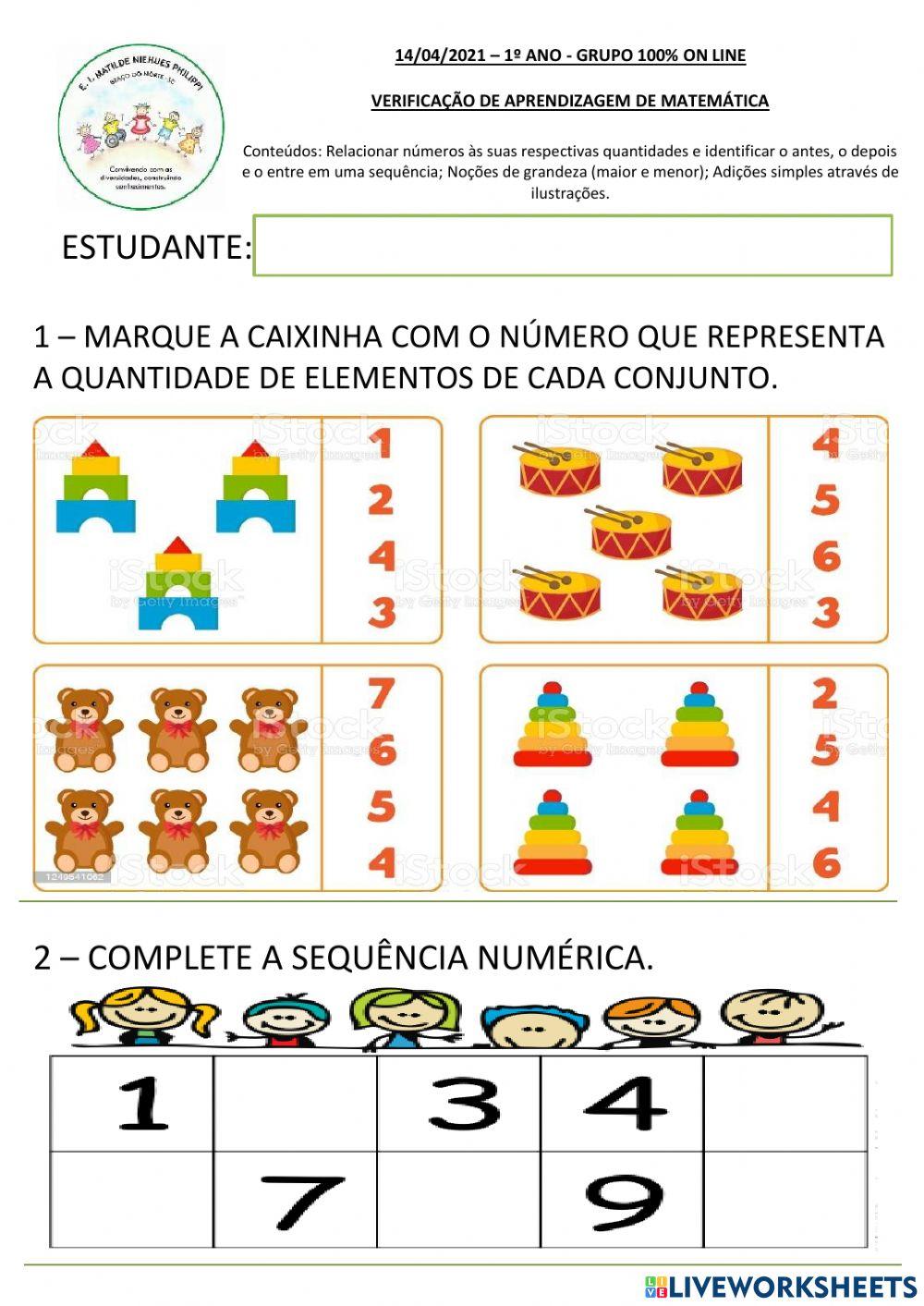 Verificação de Aprendizagem - Matemática - 1º Bimestre