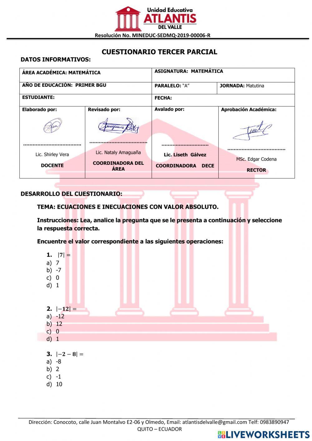 Cuestionario Matemática 3er parcial