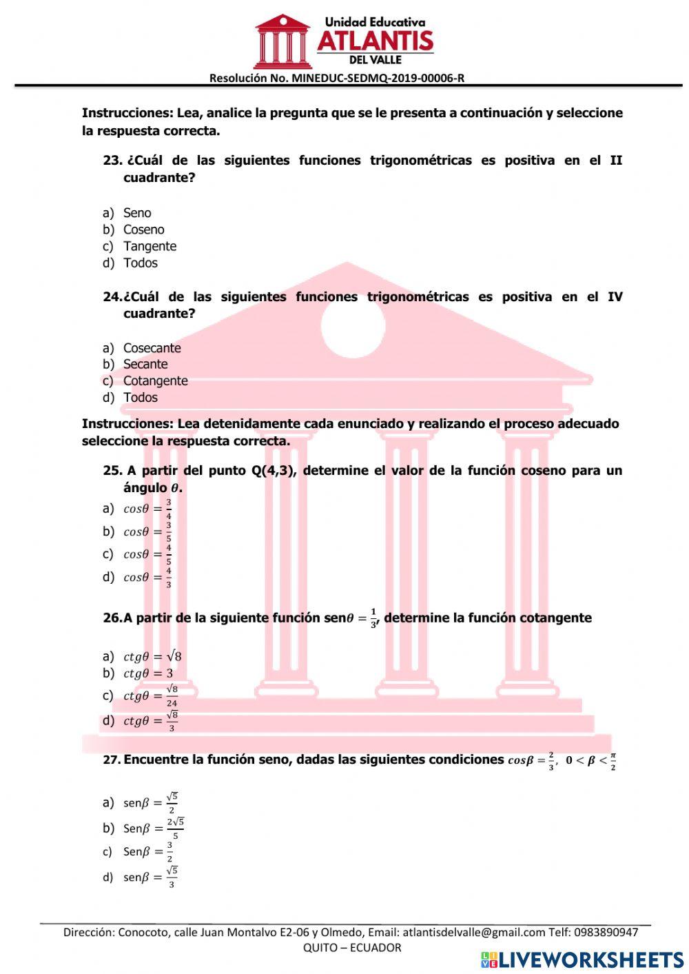 Cuestionario Matemática 3er parcial