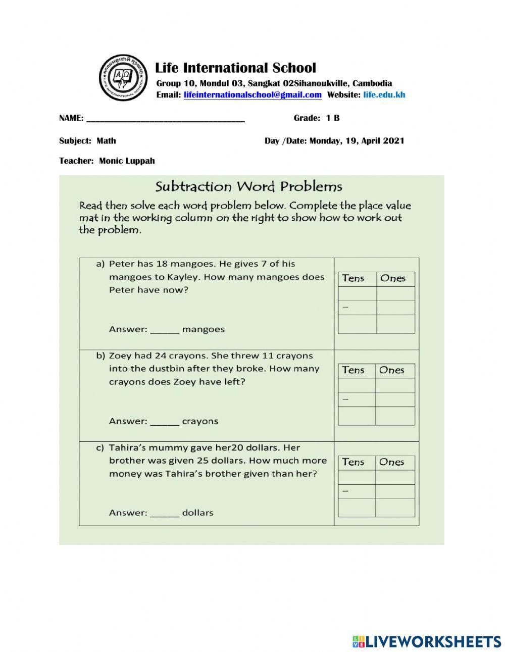 Word Problem (Subtraction)