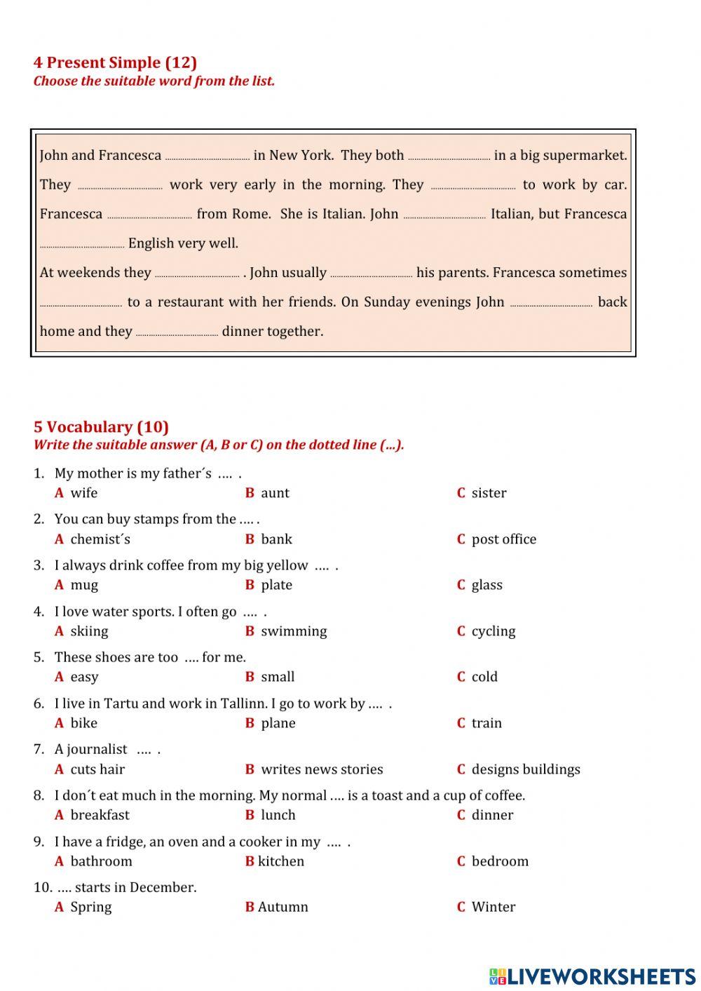 English A1.1 Final Test online exercise for | Live Worksheets