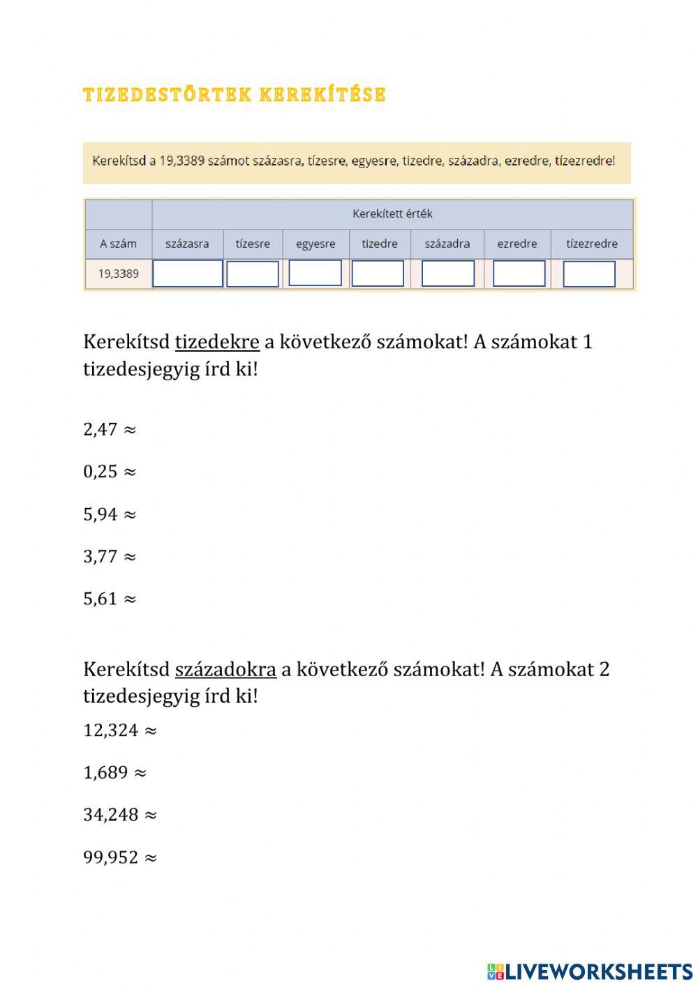 Tizedestörtek kerekítése