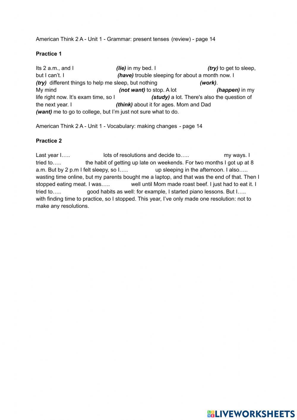 American Think 2 A - Unit 1 - Grammar: present tenses (review) - page 14
