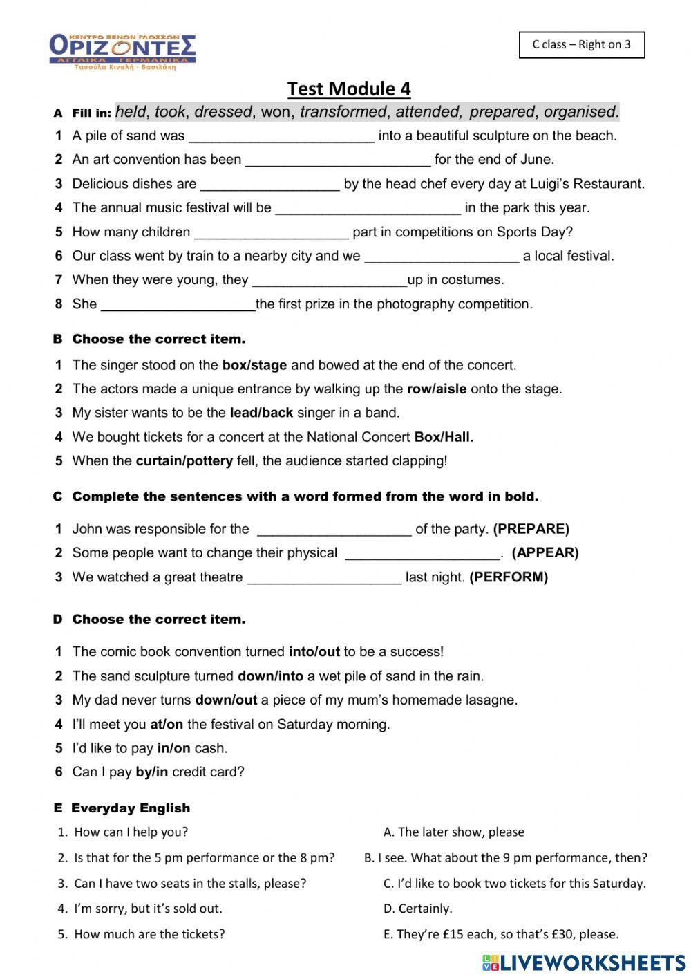 Right on 3. C class - Test Module 4.