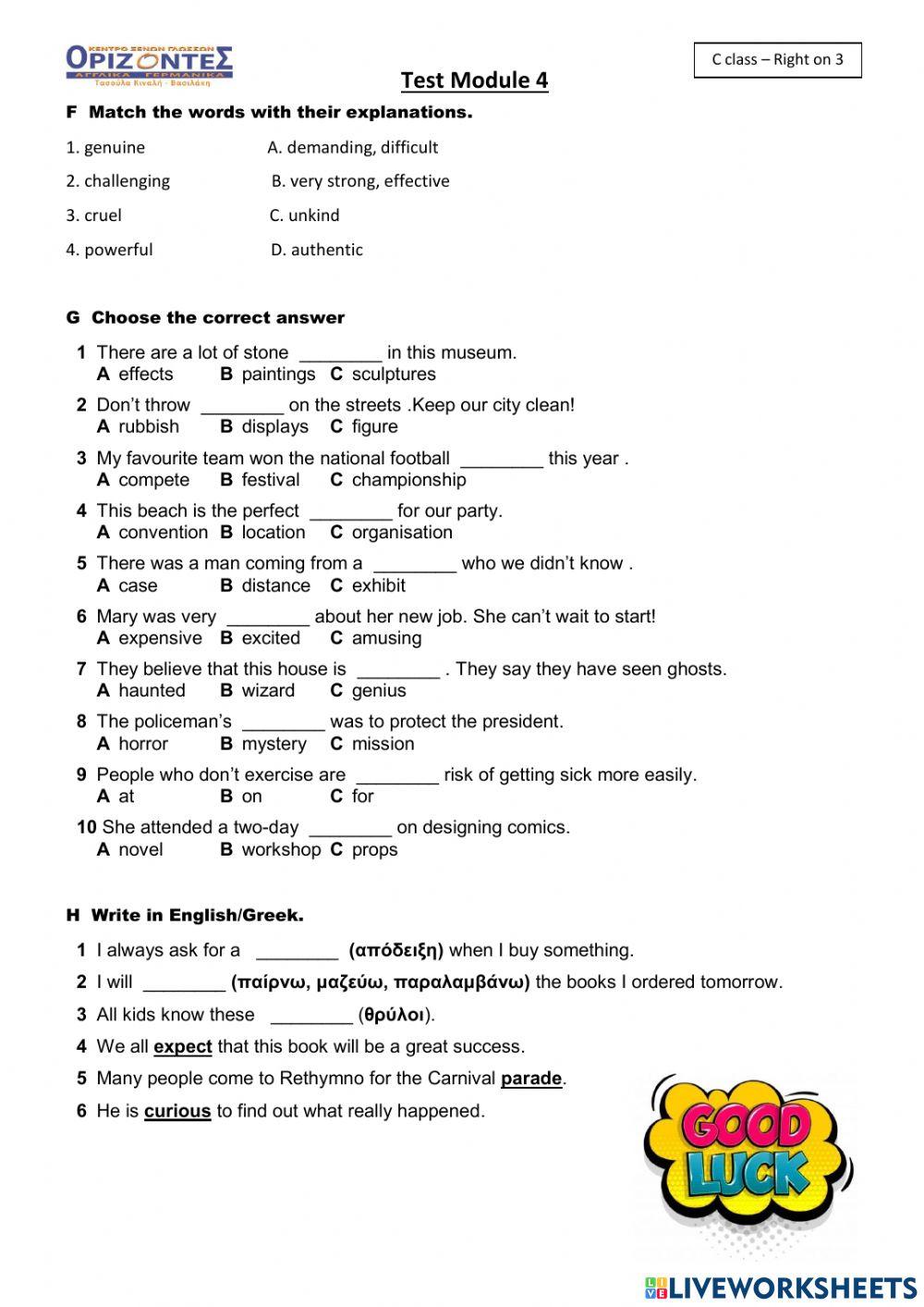 Right on 3. C class - Test Module 4.