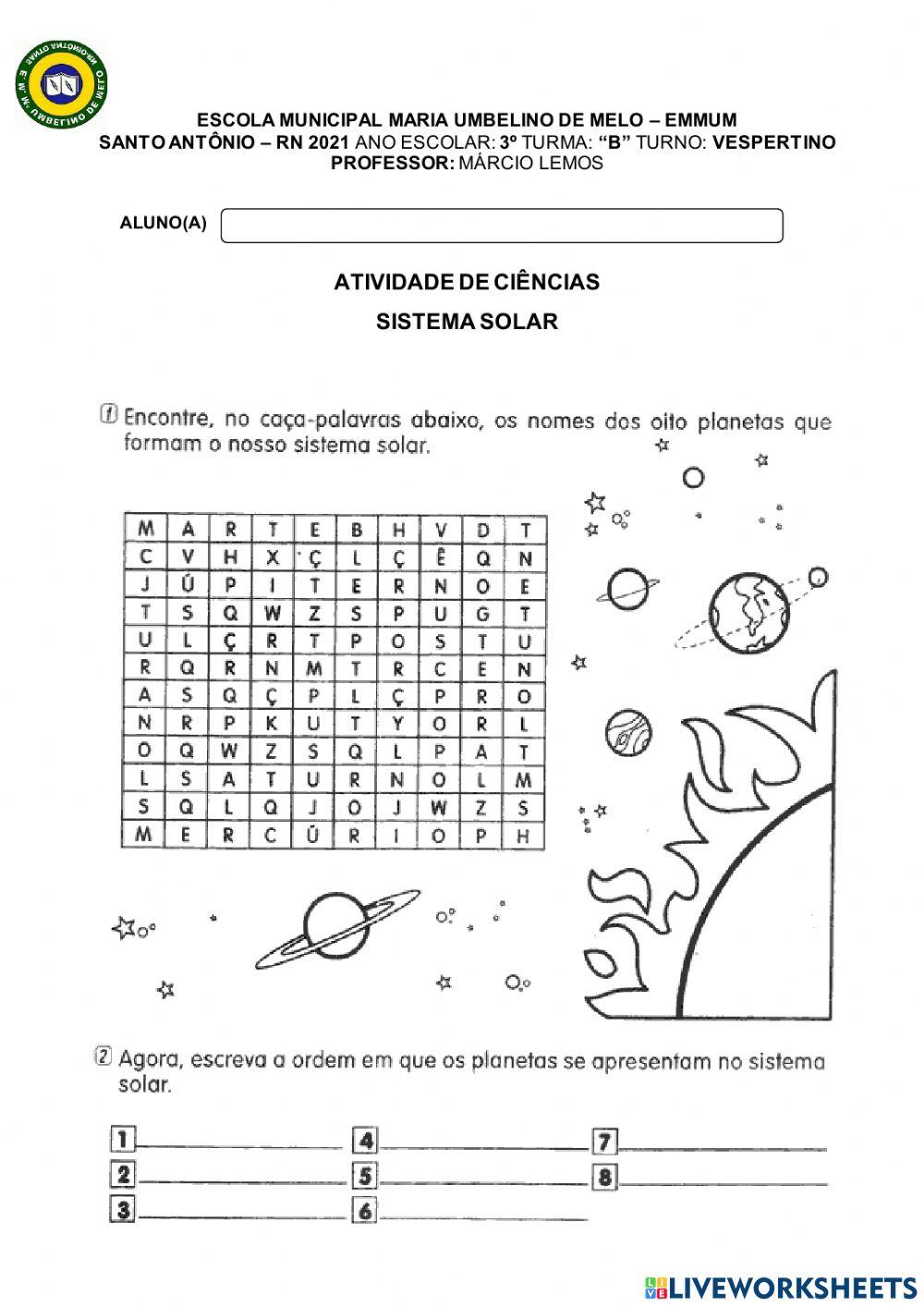 Atividade de ciências, sistema solar
