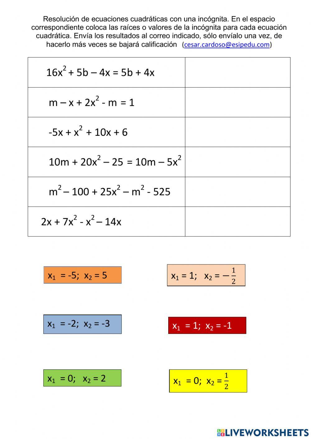 Resolución ecuaciones cuadraticas semana sem 29 A