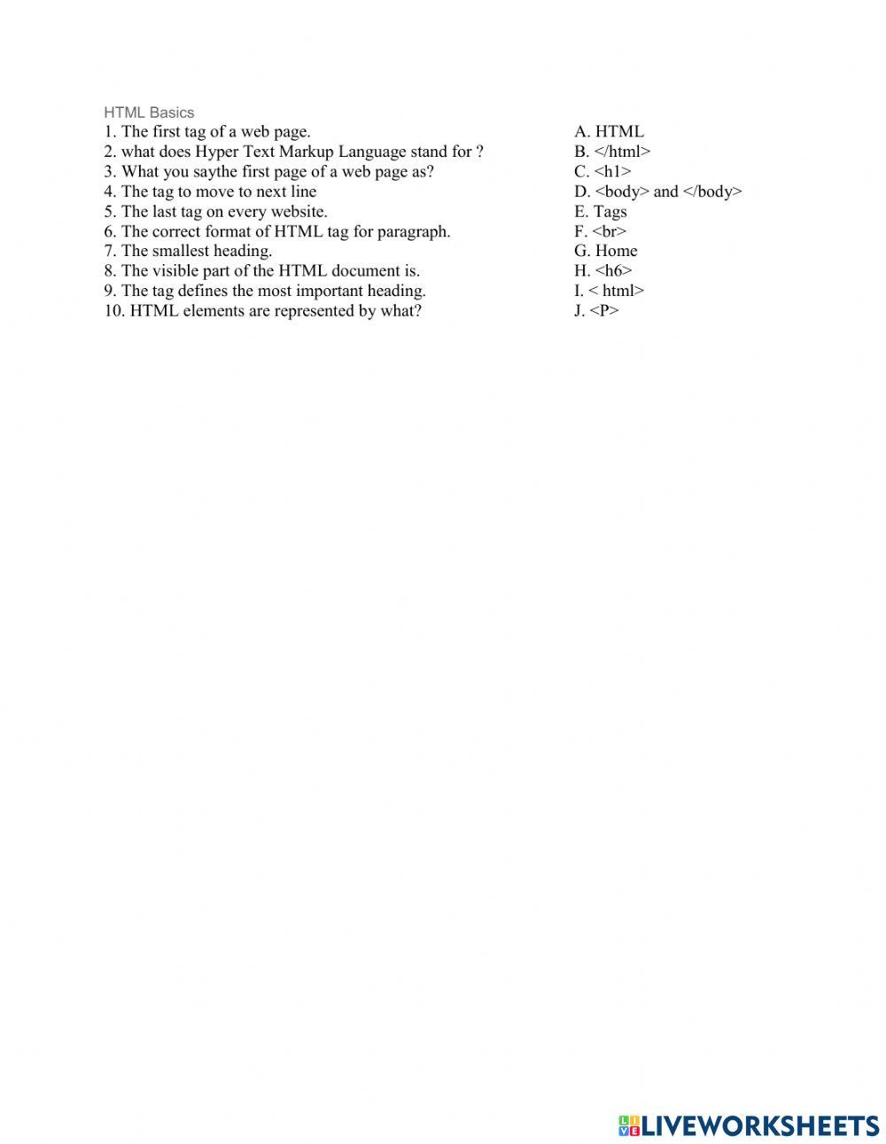 HTML MATCHING worksheet | Live Worksheets