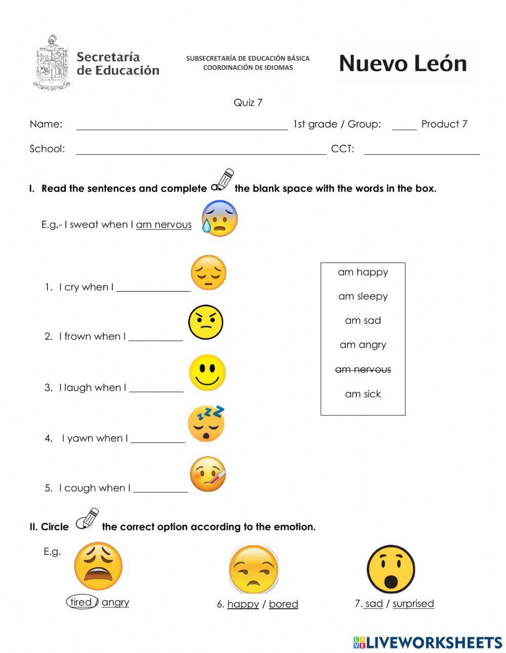 March Quiz - 1st Grade - Emotions
