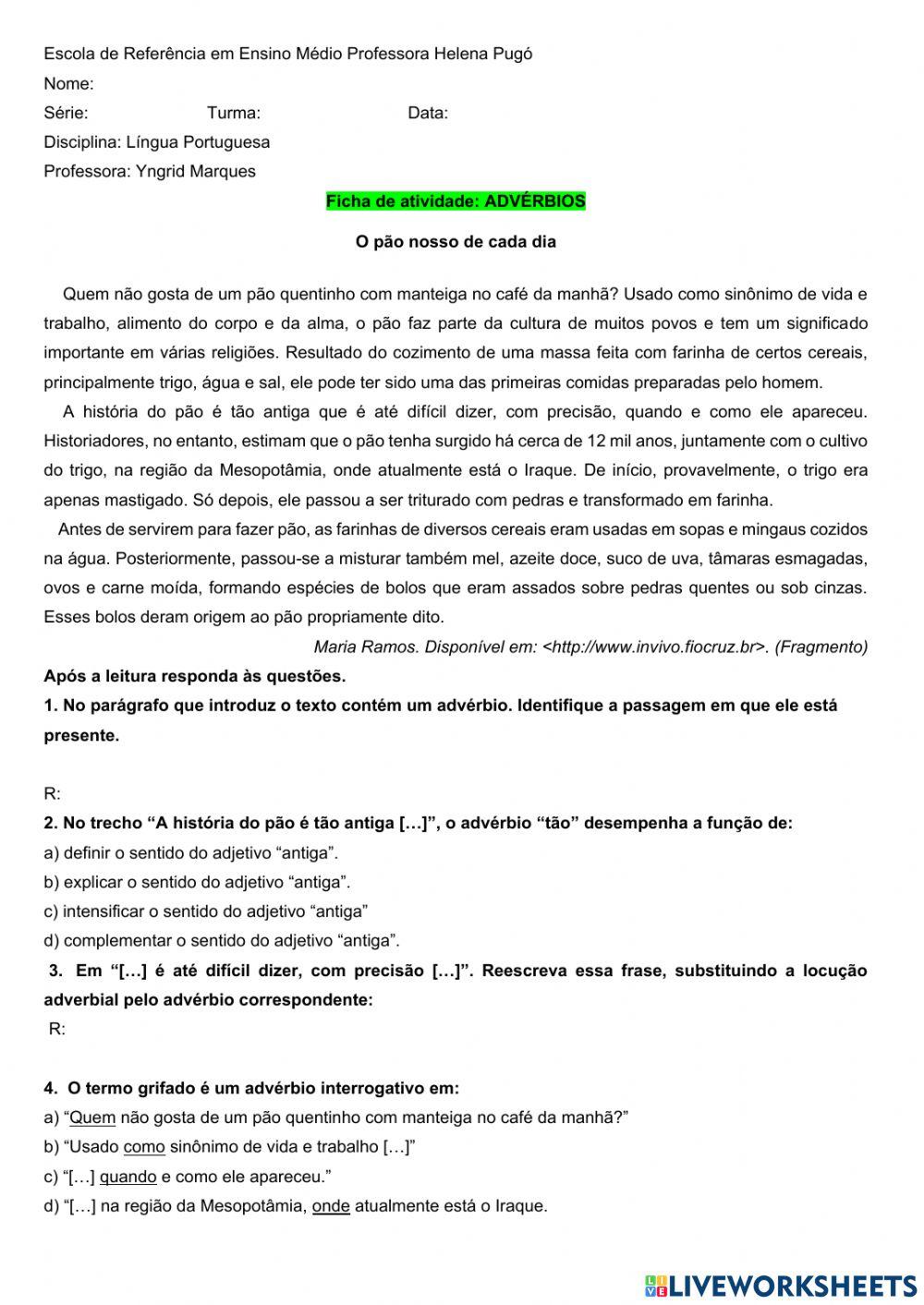 Atividade sobre advérbio