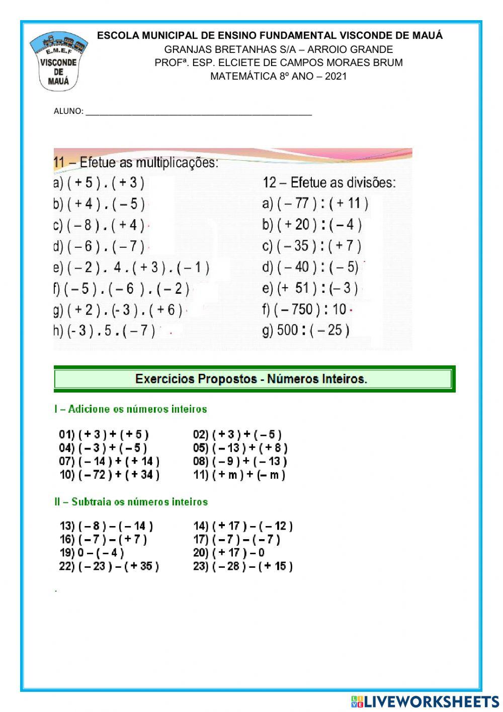 Números Inteiros- Divisão e Multiplicação