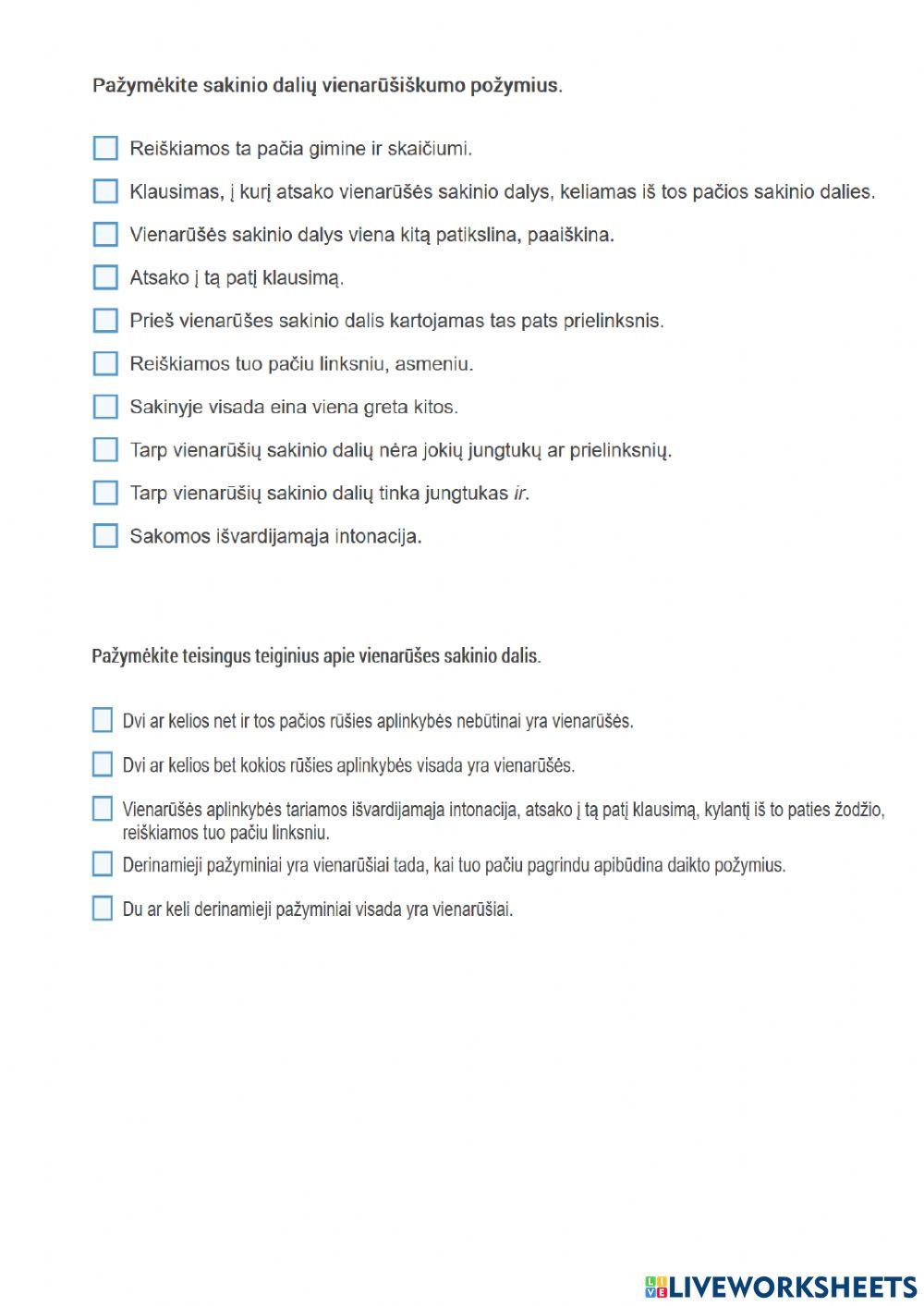 Sakinio dalių vienarūšiškumo požymiai.