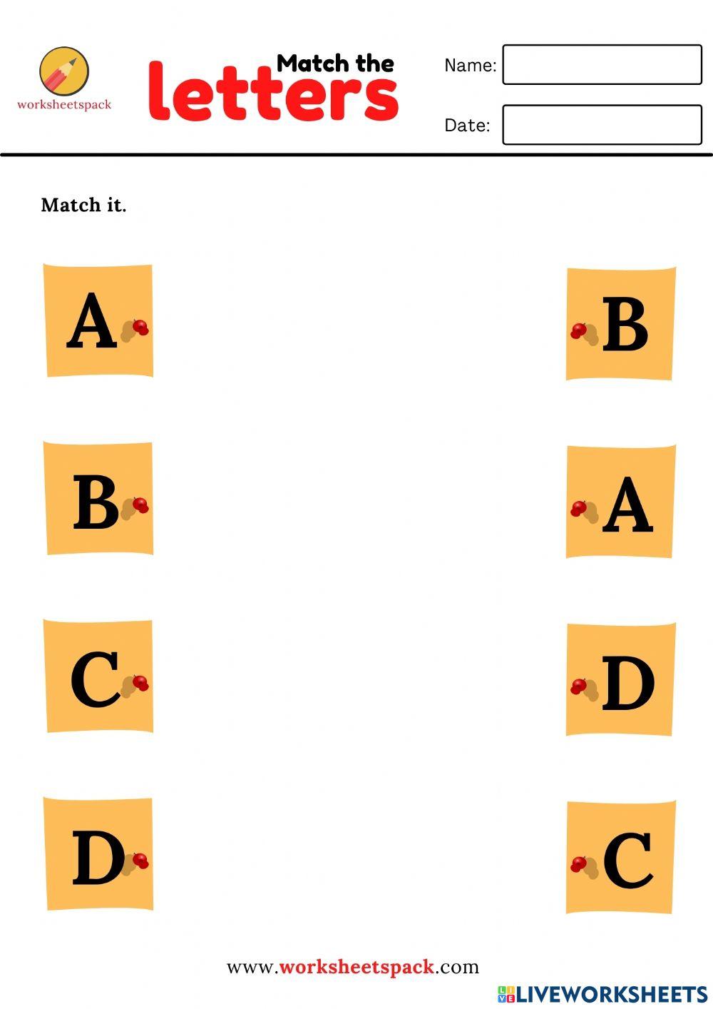 Alphabet matching worksheets - uppercase letters (A to D)