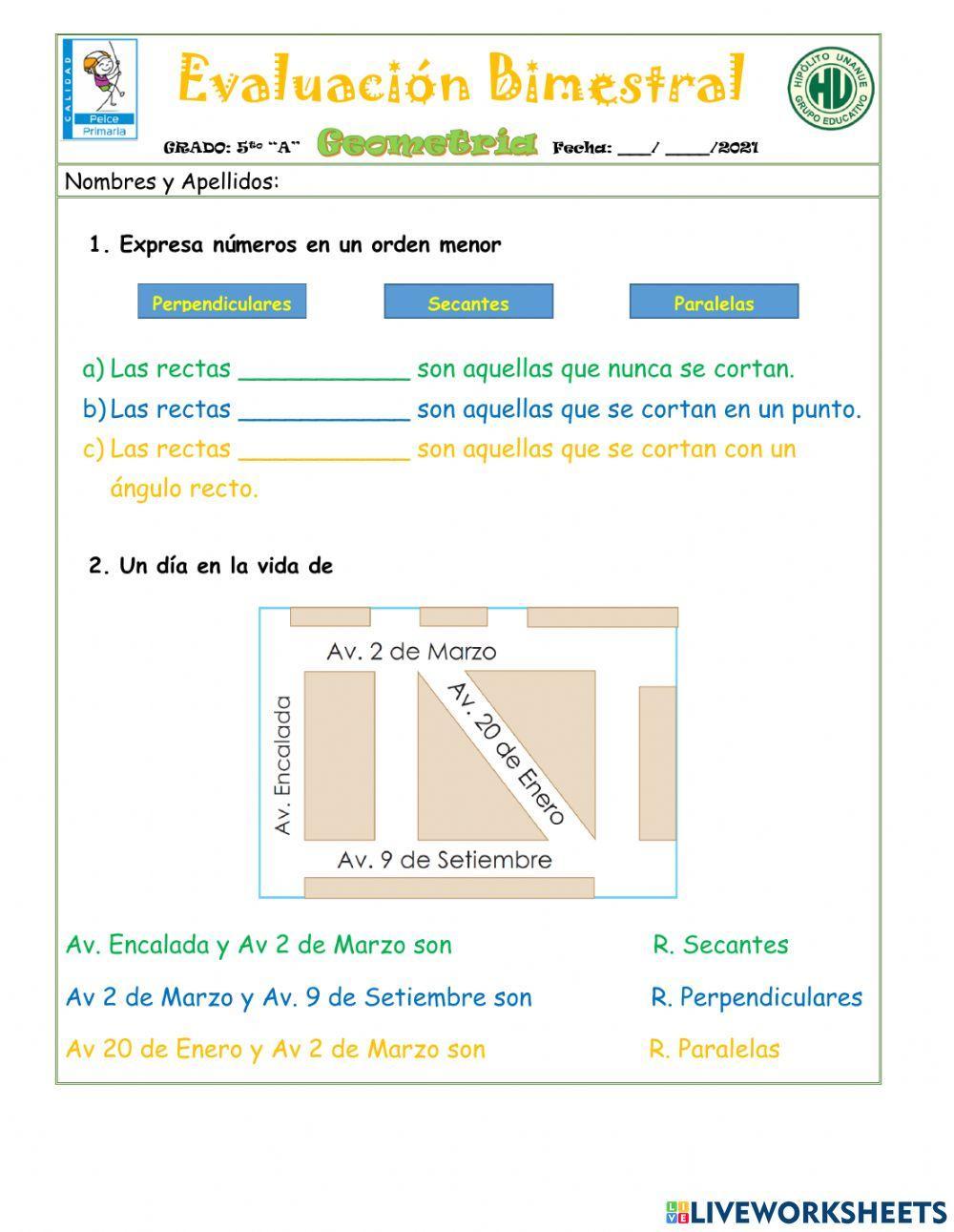 Examen Bimestral Primaria Geometría 5to