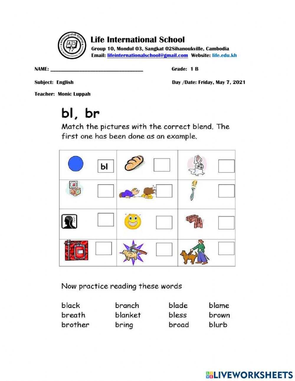 Consonant Blend BL and BR Words