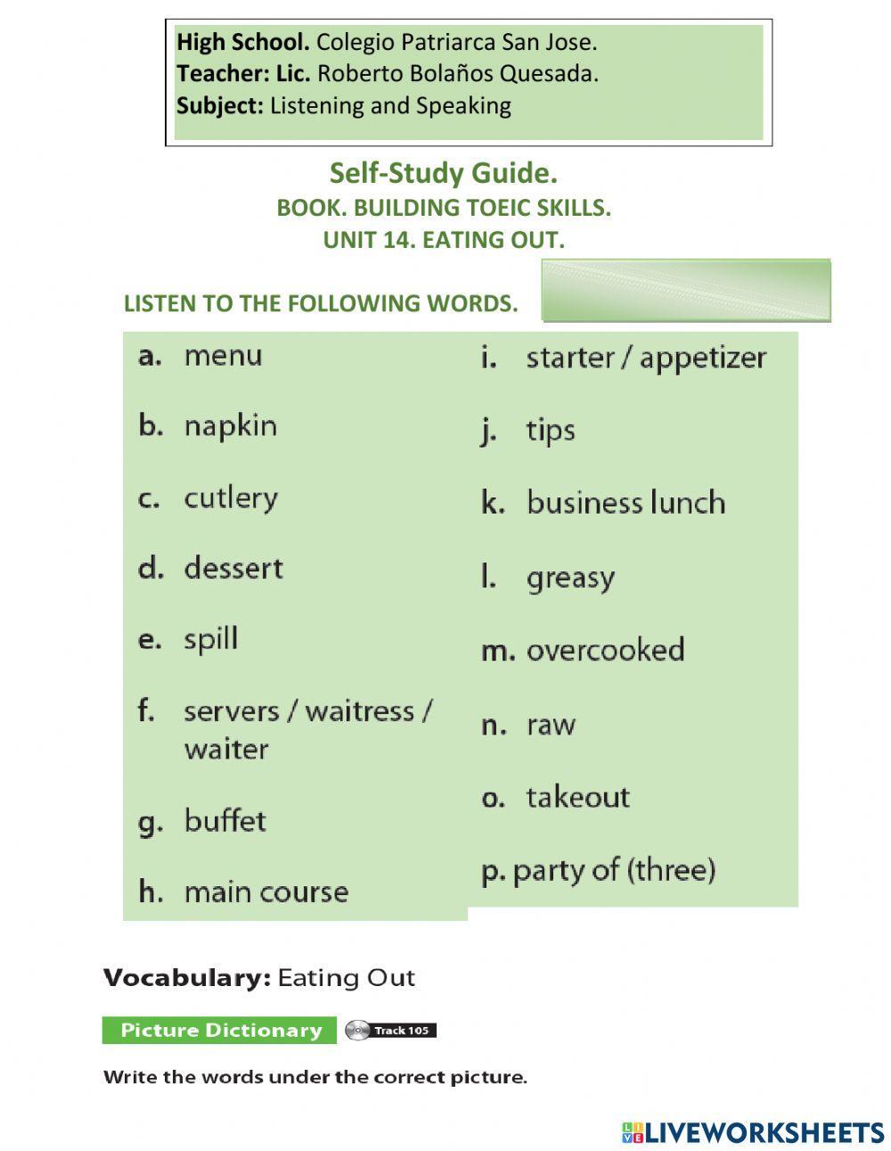 UNIT 14. EATING OUT. BUILDING TOEIC SKILLS. 