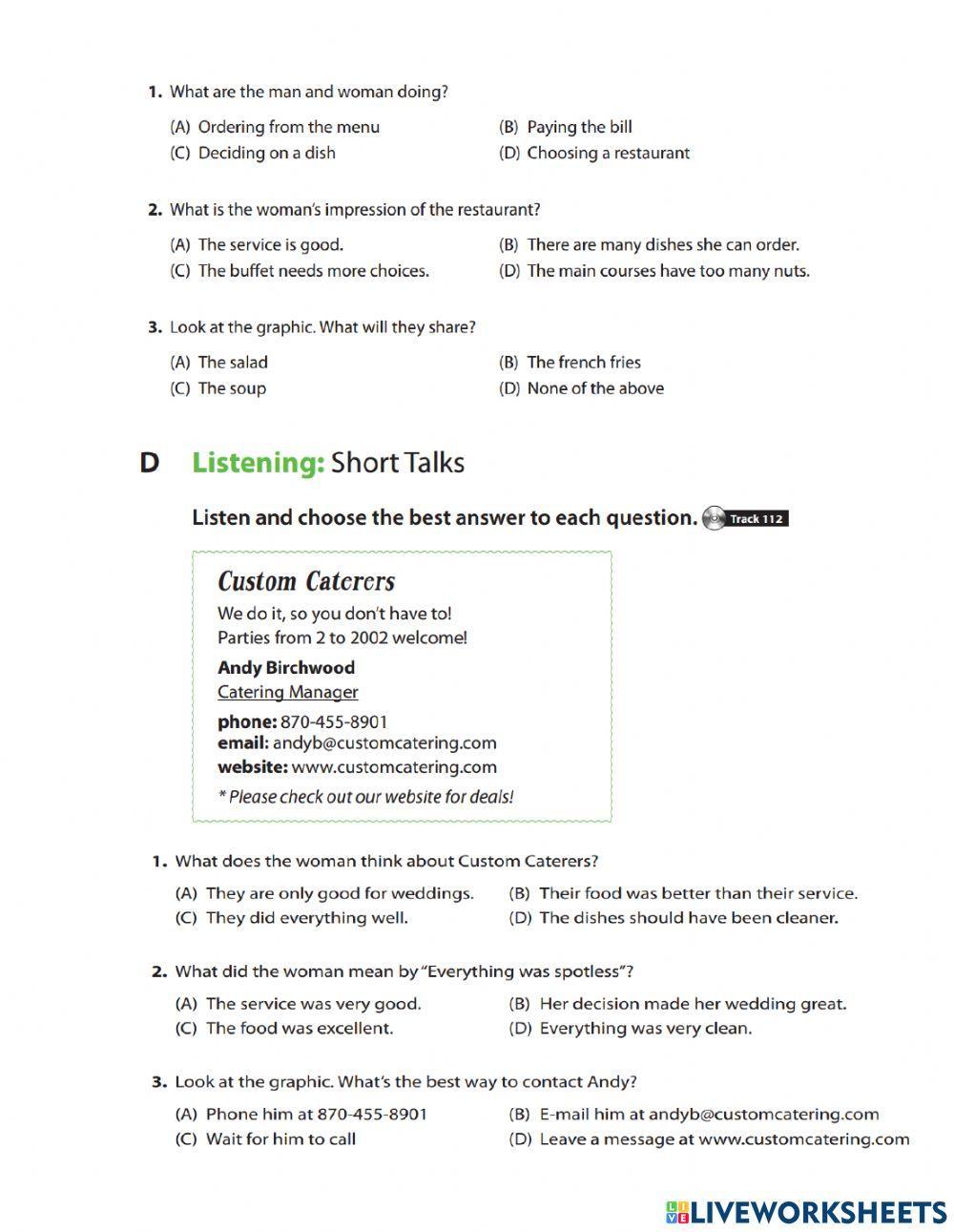 UNIT 14. EATING OUT. BUILDING TOEIC SKILLS. 