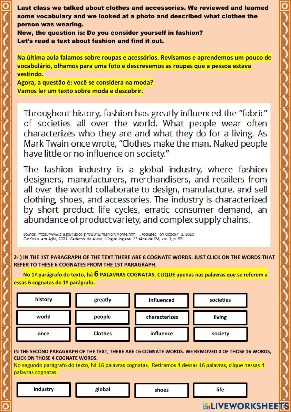 2nd BIMESTER - 1ª ACTIVITY – DO YOU CONSIDER YOURSELF IN FASHION? - GRADE 1st