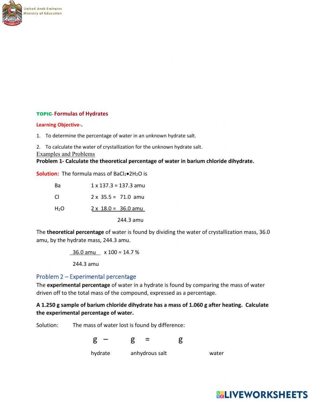 Calculating water of crystallization worksheet | Live Worksheets