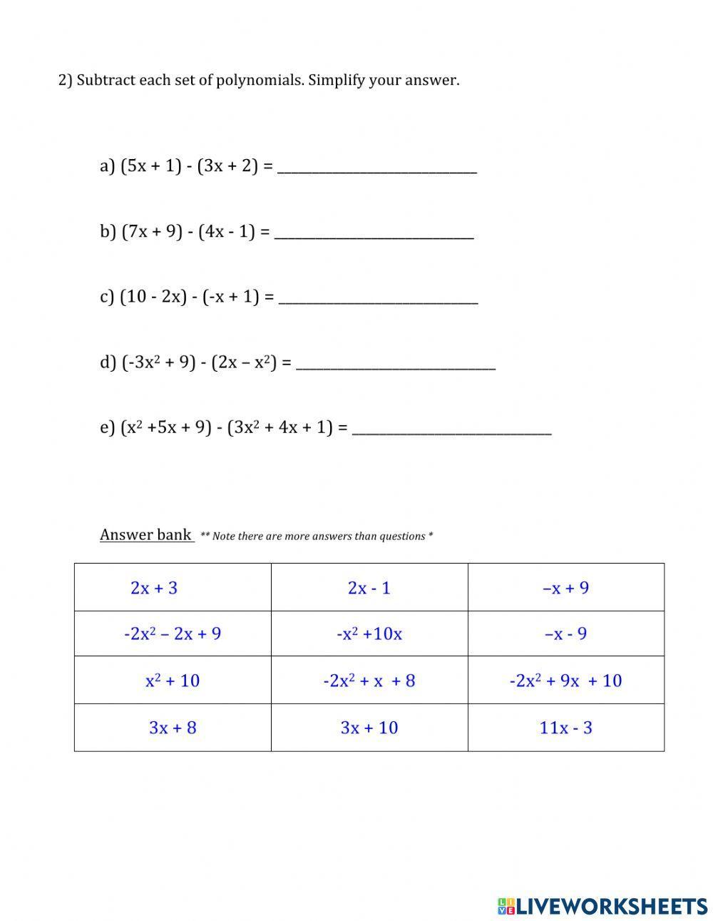 Algebra - Practice Adding & Subtracting Polynomials