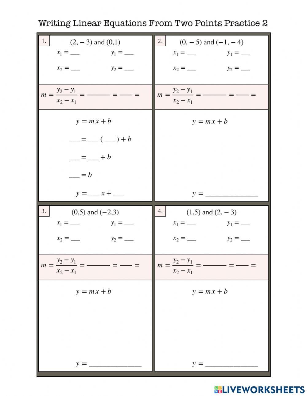Writing Linear Equations From Two Points Practice 2