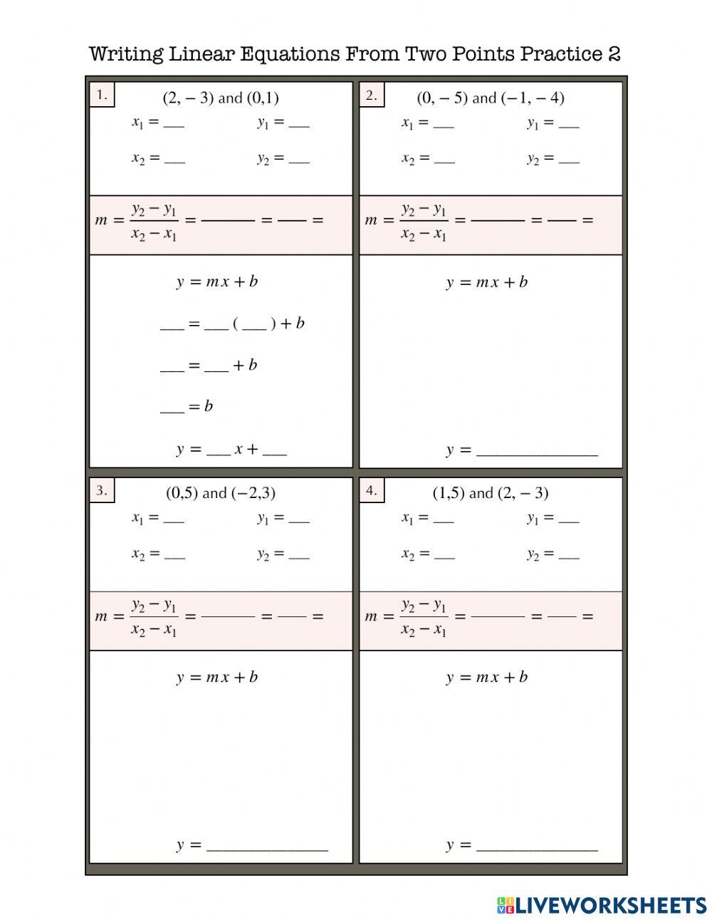 Writing Linear Equations From Two Points Practice 2 worksheet | Live Worksheets writing-linear-equations-from-two-points-practice-2-worksheet-live-worksheets