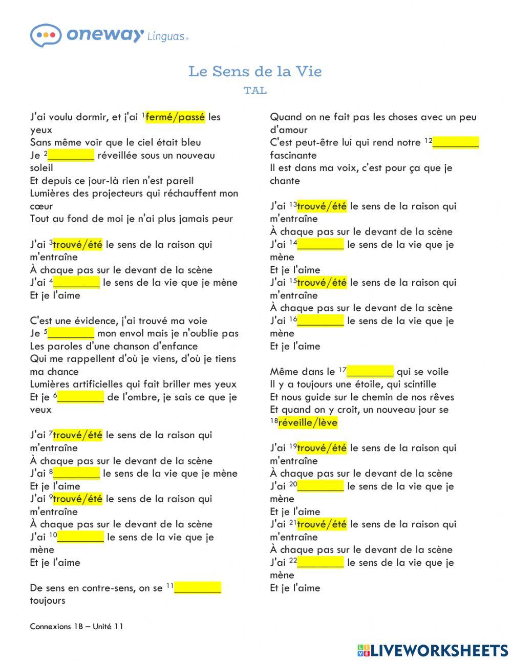 Le Sens de la Vie TAL online exercise for Live Worksheets