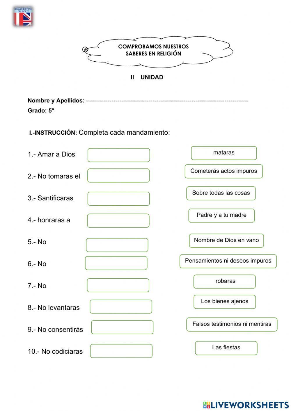 Examen Religión II Unidad 5to