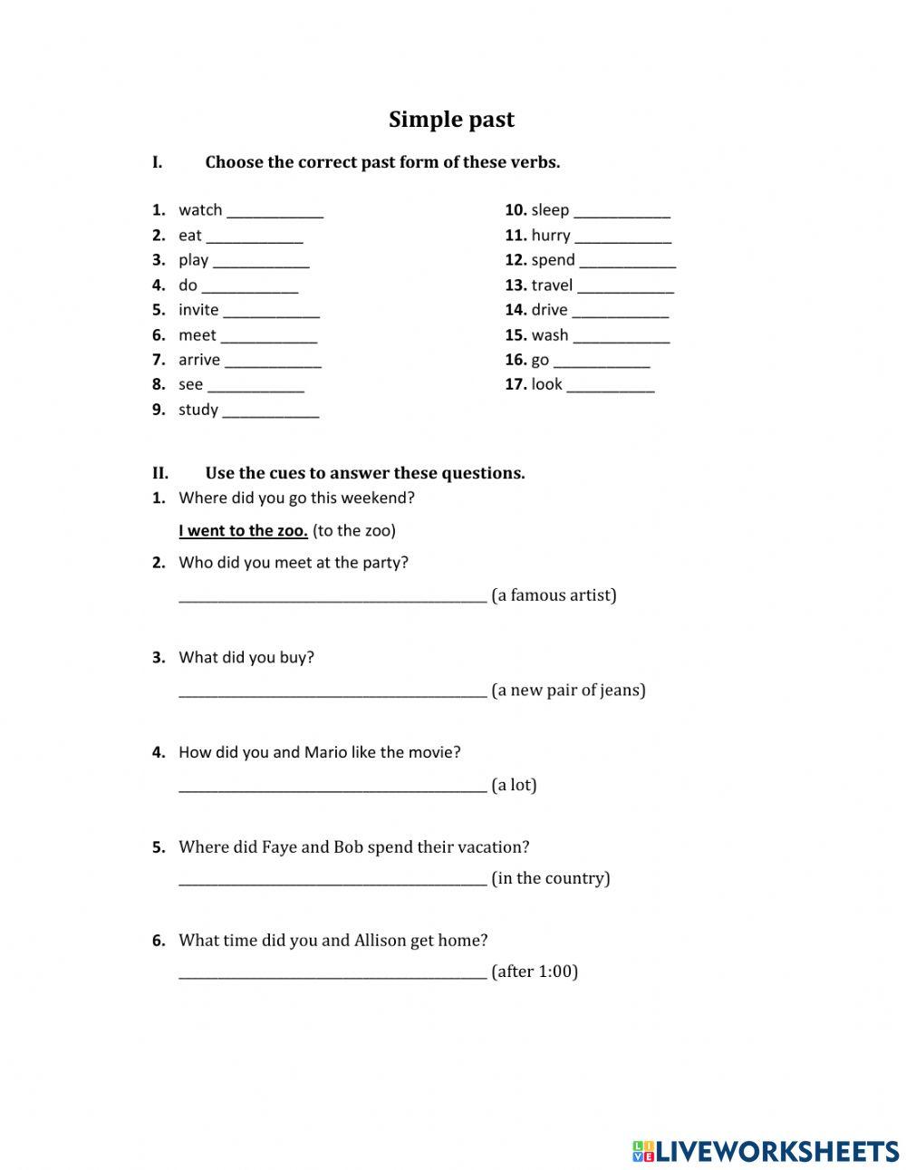 Simple past online exercise for grade 6 | Live Worksheets