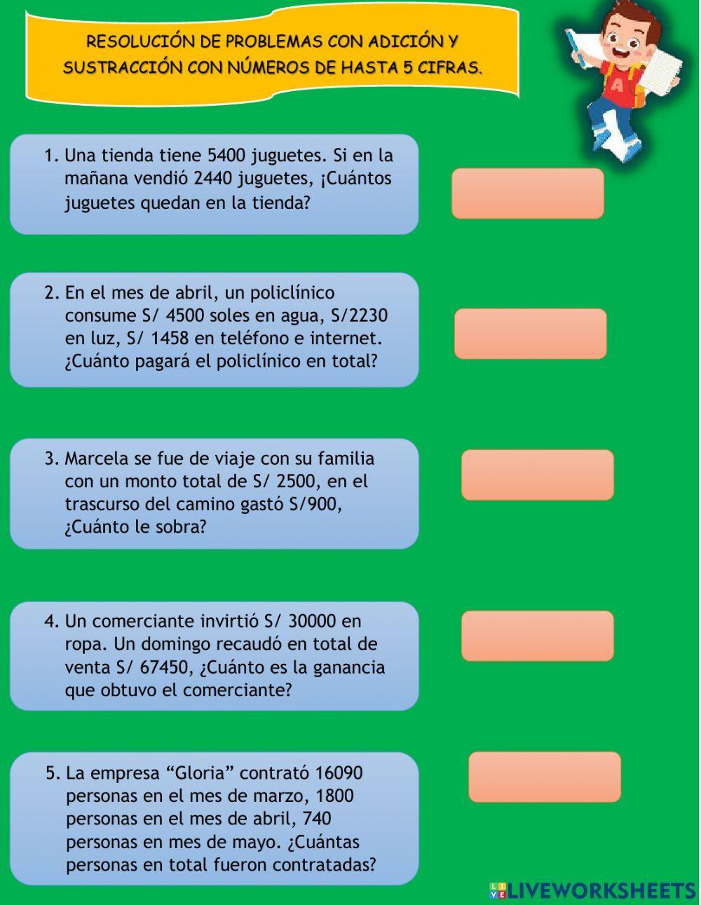 Resolución de problemas con adición y sustracción con números de hasta 5 cifras.