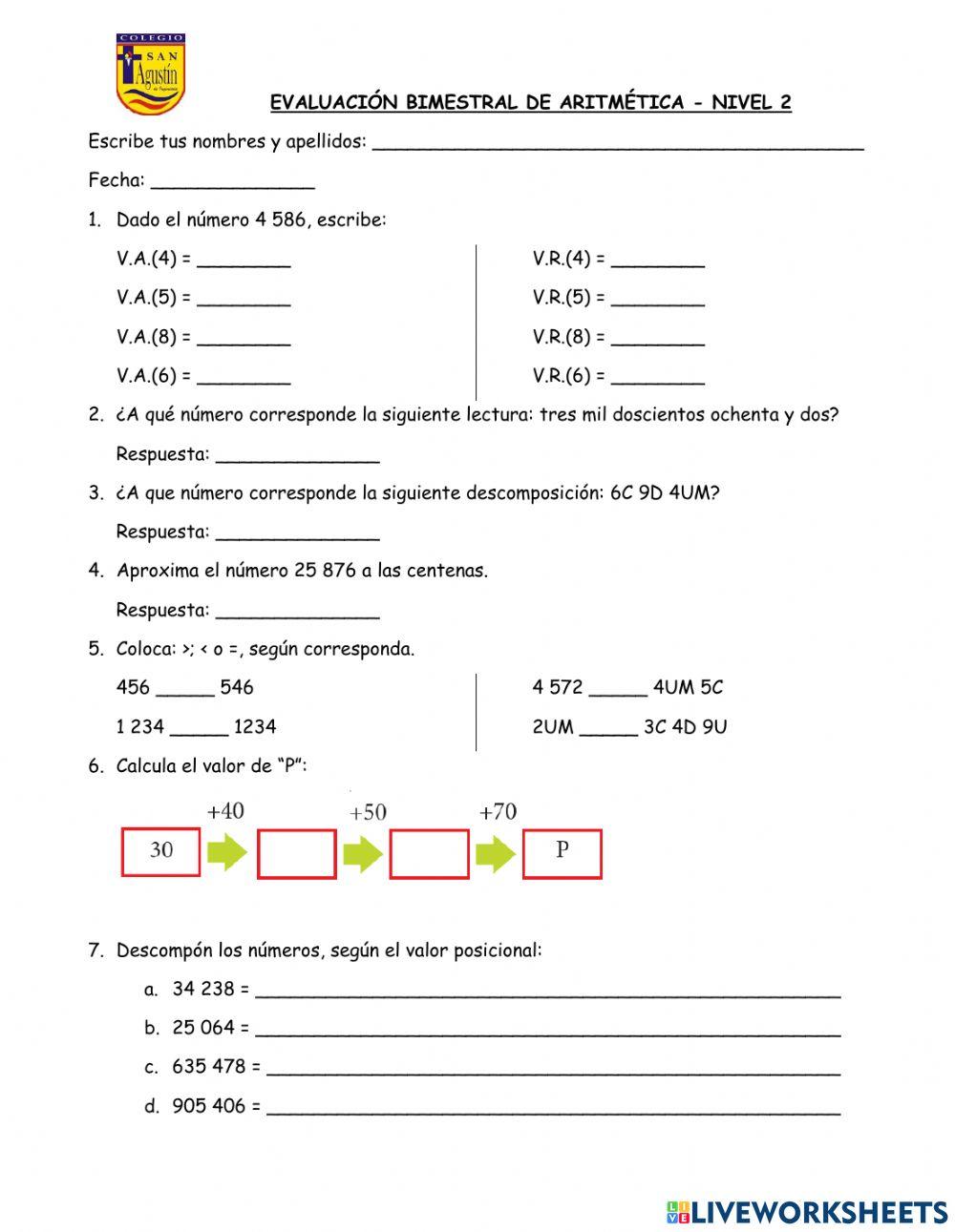 Evaluación bimestral de aritmética