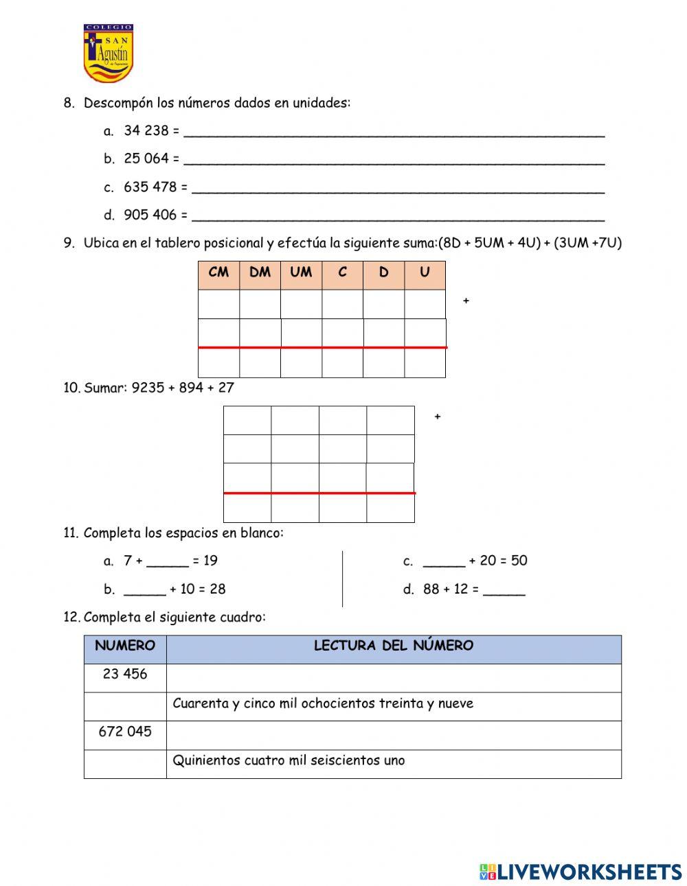 Evaluación bimestral de aritmética