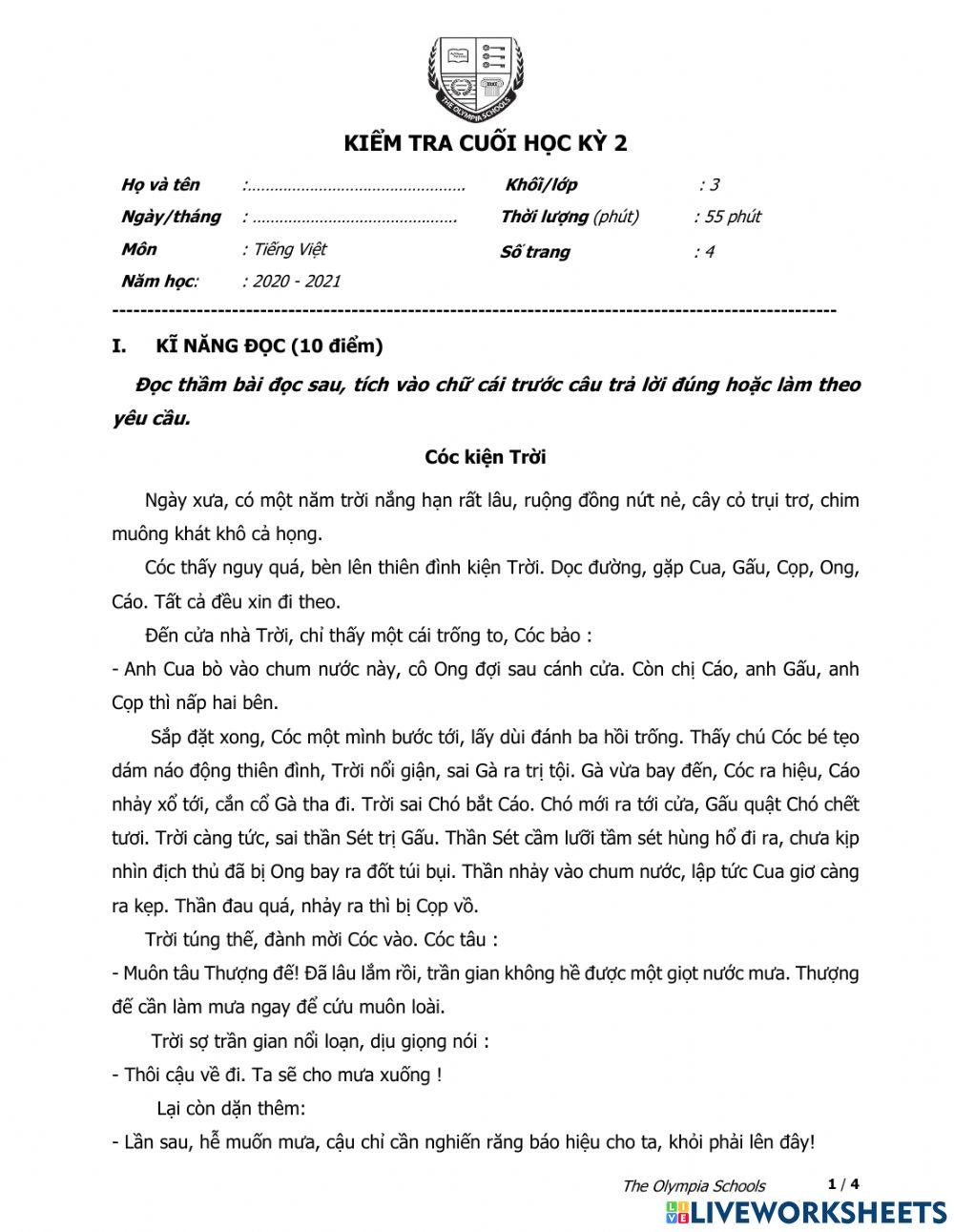 TV3-Bài kiểm tra kĩ năng đọc