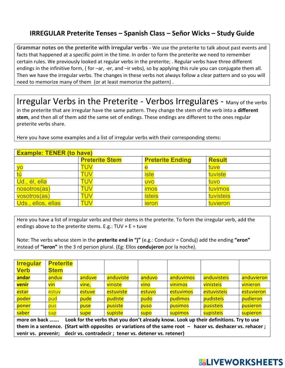 Irregular Preterite Verbs - Study Guide online exercise for | Live ...