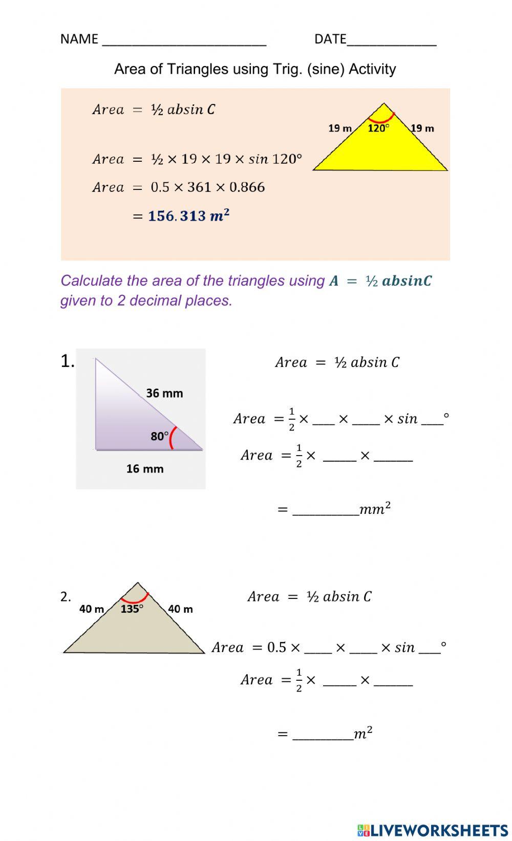 Area of Triangles Trig (Sine method)
