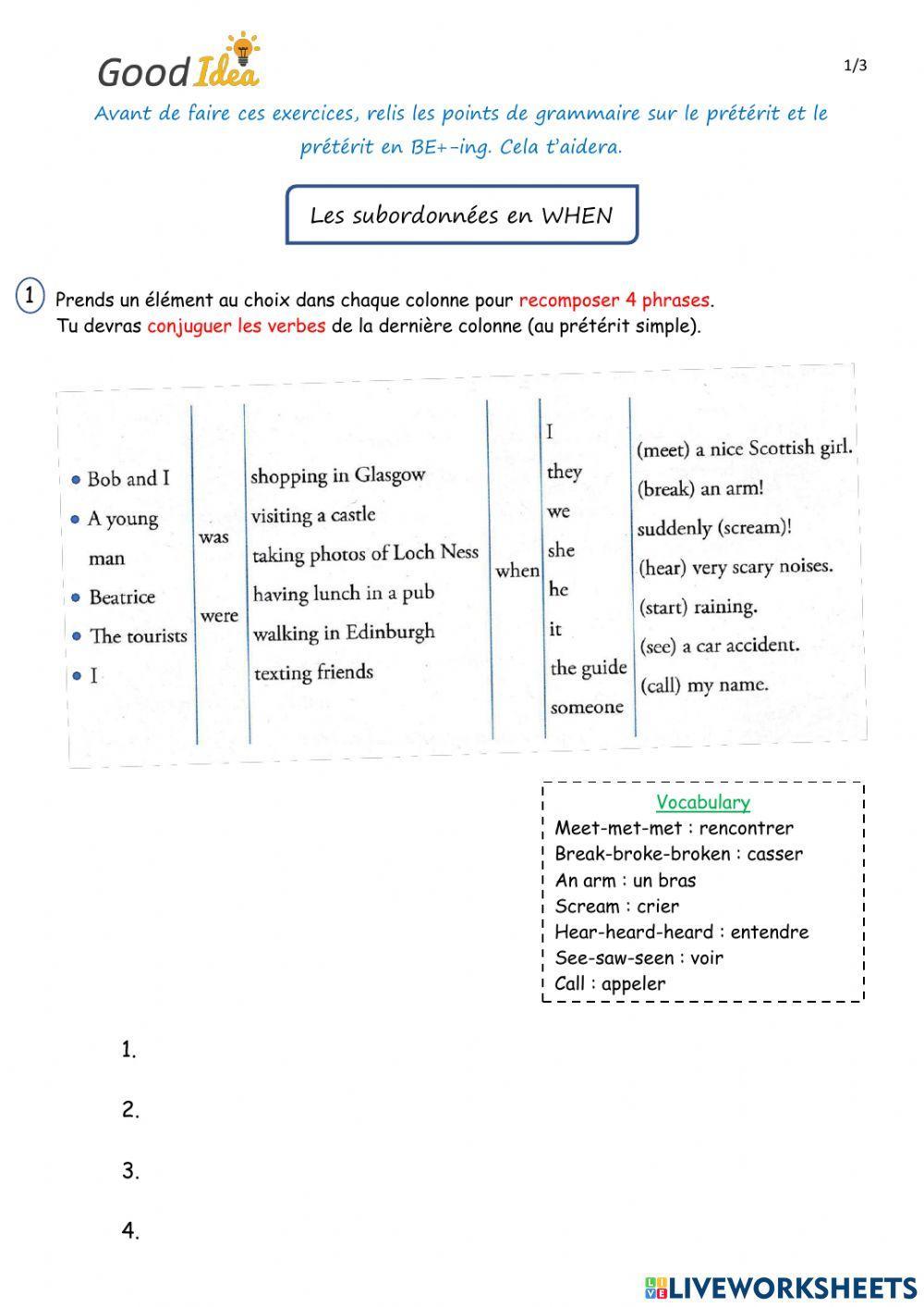 Exercices prétérit simple et BE-ing