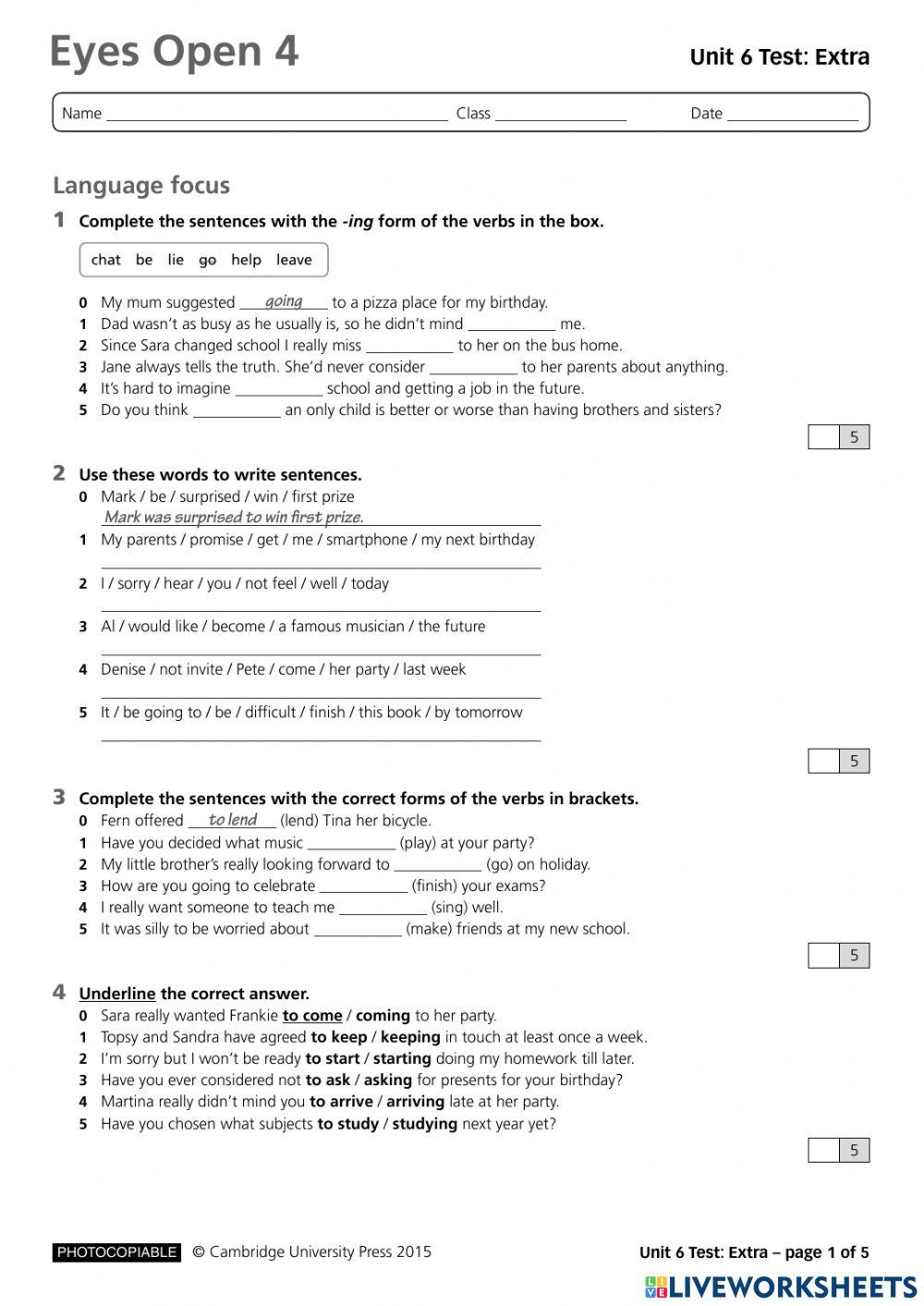 Eyes Open 4, Unit 6 Vocabulary-Grammar test