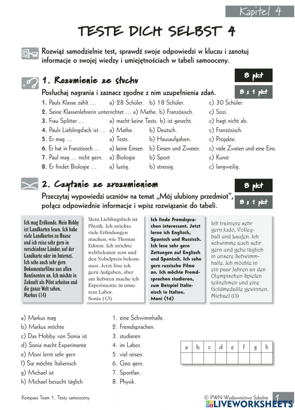 Samoocena rozdział 4 klasa 7- Teste dich selbst Klasse 7 kapitel 4