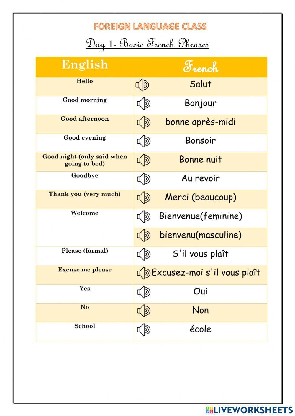 Basic French Phrases worksheet