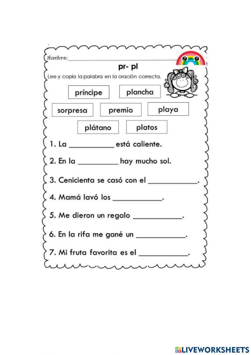 Lea y copia la palabra en la oración correcta