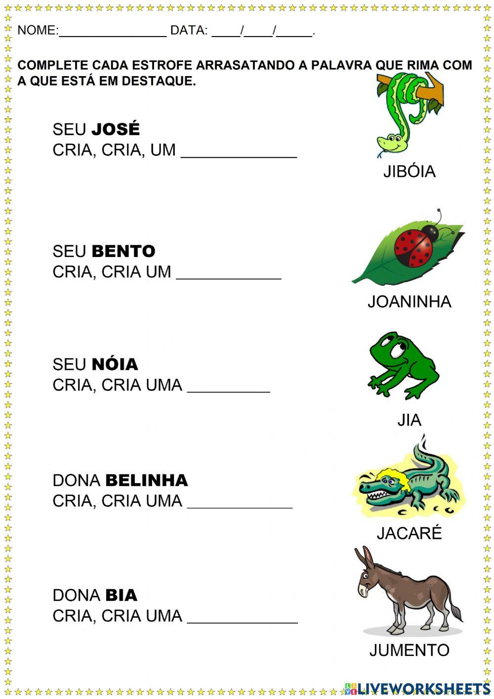 Complete as estrofes arrastando cada palavra que rima com a palavra em destaque
