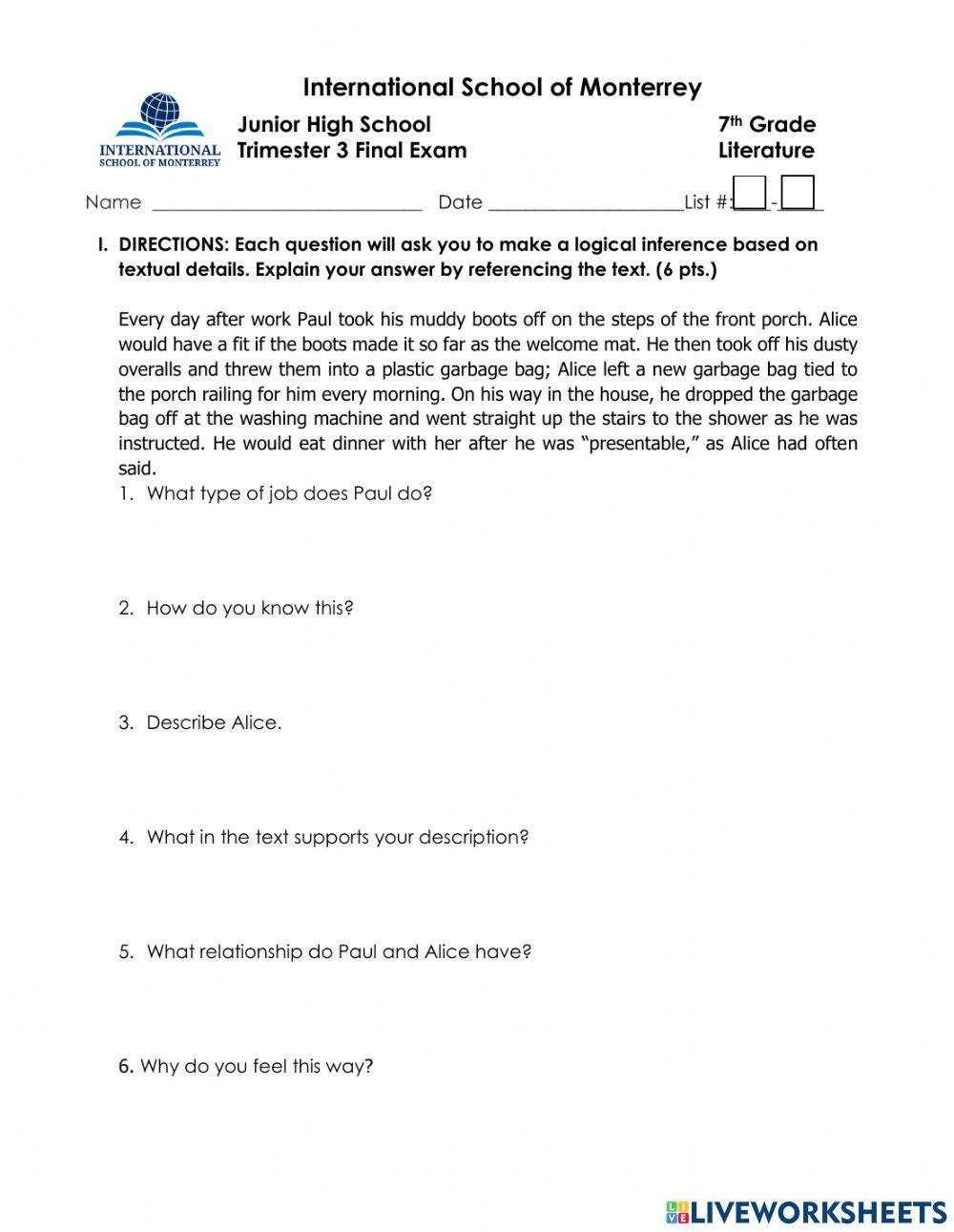 7-T3 Literature Final Exam