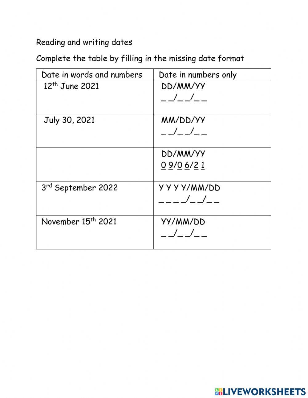 Writing dates in different formats liveworksheets
